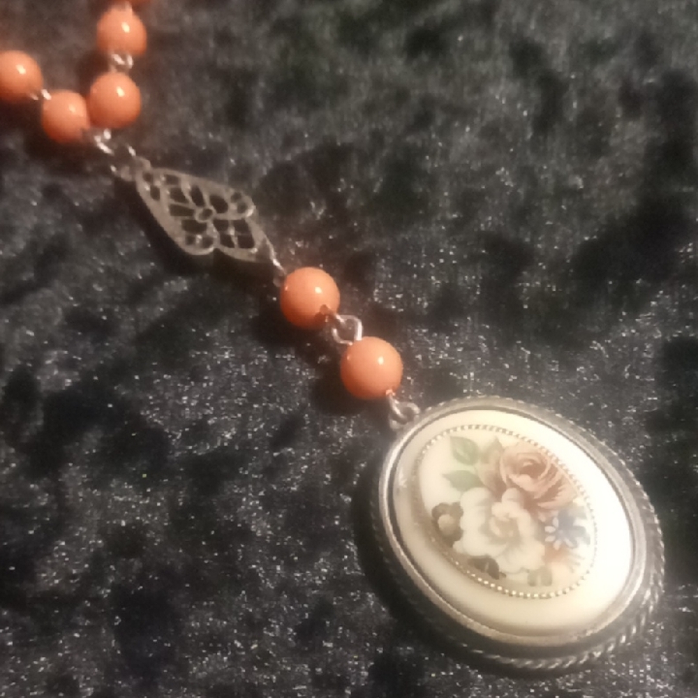 Bonnie Jean Coral Beaded Necklace with Silver Pendant